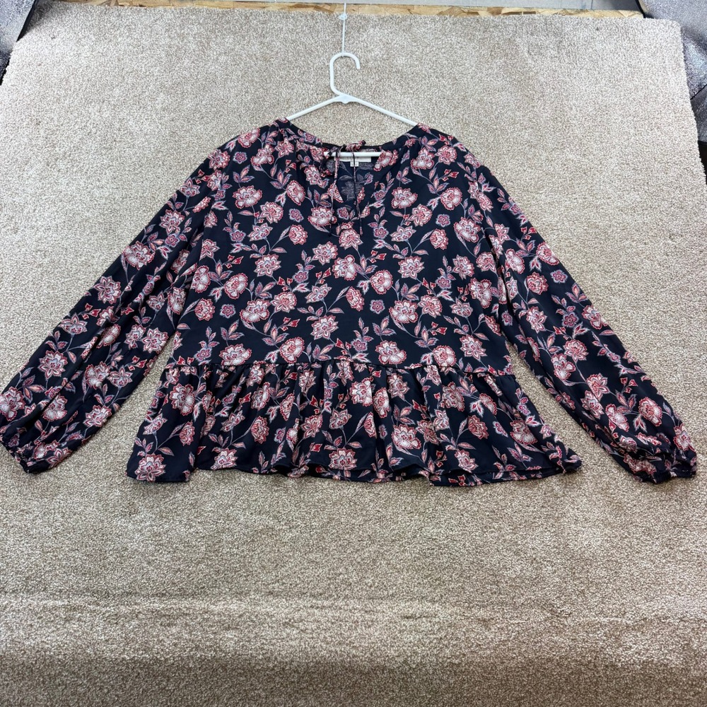 LOFT Womens XL Floral Peplum Blouse Tie Neck Ruffle Hem Long Sleeve Top